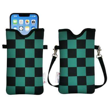 Imagem de Tainada Bolsa de neoprene masculina e feminina com alça transversal/cordão de pescoço para iPhone 16/15/14 Pro Max, 16/15/14 Plus, Samsung S25, A55, Google Pixel 9 (tabuleiro de xadrez verde preto)