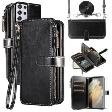 Imagem de Asuwish Capa de celular para Samsung Galaxy S21 Ultra 5G com protetor de tela de vidro temperado e cordão com zíper, porta-cartões, suporte para cartão, acessórios para celular S21ultra 21S S 21