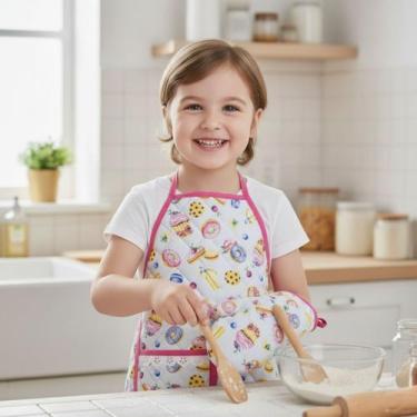 Imagem de Kit Avental Infantil de Cozinha Estampado com Luva Térmica - Mava Enxo