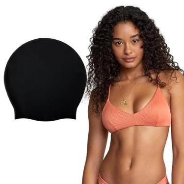 Imagem de 1 touca de natação de silicone para trança de cabelo longo masculino feminino impermeável touca de natação proteção de orelha chapéu de mergulho tamanho grande (preto)