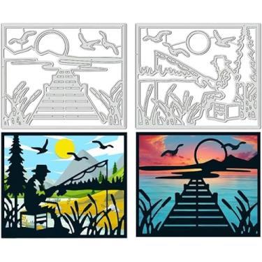 Imagem de 2 modelos de matrizes de corte de aço carbono com padrão de ponte de lago, 11,7 x 9,7 cm com tema de pesca, modelo de estênceis em relevo para fazer fotos de papel decorativo
