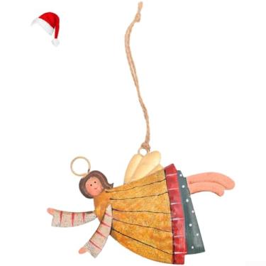 Imagem de Enfeite de Natal para menina anjo de ferro pintado à mão amarelo, vermelho, branco e azul, decoração de metal pendurado para árvore, grinalda ou casa de férias, conjunto de 1 peça ou 4 peças