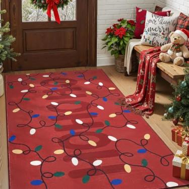 Imagem de jinchan Jingle Lights Tapete de Natal 10 x 15 cm para sala de estar, quarto, vermelho, para sala de jantar, hall de entrada, cordão de luzes coloridas, estampado, decoração de Natal, lavável, tapete