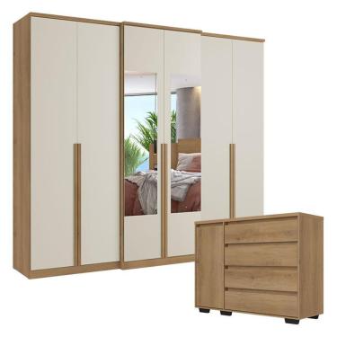 Imagem de Guarda Roupa Casal Valência 6 Portas Glass Capuccino Off White Com Cômoda Com Porta Aurora Capuccino Acetinado - Thb