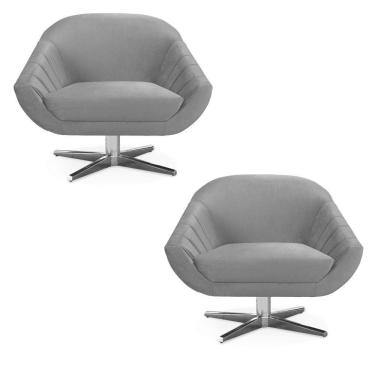 Imagem de Kit 02 Poltronas Giratória Giovana Veludo Base Cromada Cinza