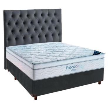 Imagem de Cama Box Cinza + Colchão Casal Freedom Ortobom + Cabeceira