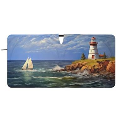 Imagem de Blueangle Para-brisa com pintura de barco farol - 149.9 cm x 76.2 cm dobrável carro janela frontal blocos para-sol raios UV viseira de sol (383)