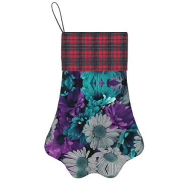 Imagem de SKKNT Meias de Natal com estampa de flores roxas e azul-petróleo, animais de estimação, decoração de Natal, cães, gatos, árvores, doces, presente, conveniente