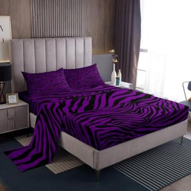 Imagem de jejeloiu Jogo de lençol infantil Queen com estampa de zebra, leopardo, preto, roxo, simples, moderno, para decoração de quarto, respirável, macio, 4 peças