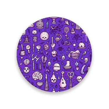 Imagem de JUZIHAI Conjunto de 4 porta-copos de caveira de Halloween, porta-copos redondos de pedra de cerâmica absorvente de 9 cm com base de cortiça, tapete de proteção de mesa para cozinha, bar, decoração de
