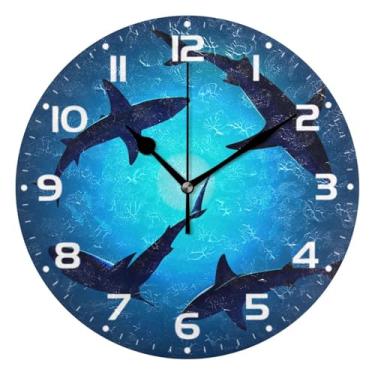 Imagem de JUZIHAI Relógio de parede com tubarões flutuantes, silencioso, sem tique-taque, redondo, operado por bateria, fácil de ler, relógio decorativo de parede para casa, cozinha, sala de estar, quarto