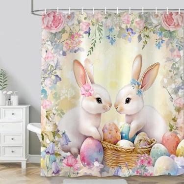 Imagem de Cortinas de chuveiro primavera coelhinho da Páscoa para banheiro, coelho fofo, ovos, planta floral, aquarela, flor, conjunto de cortina de banho com ganchos, casa de banho, banheiras, decoração,