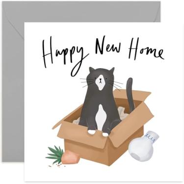 Imagem de Old English Co. Cartão Happy New Home Cat - Cartão engraçado de dia de mudança de gatinho fofo para homens e mulheres | Casa de inauguração para ela e ele | Em branco dentro e envelope incluídos