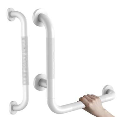 Imagem de Barra de apoio angular branca de 40,6 x 40,6 cm, barra de apoio para chuveiro serrilhada em forma de L com corrimão de segurança de banheiro reta de 40,6 cm montada na parede, barra de suporte de