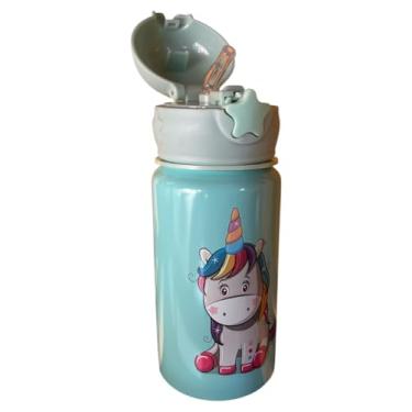 Imagem de Garrafa de Alumínio Infantil com Canudo de Silicone Antivazamento, Garrafinha Escola Unicórnio 500ml