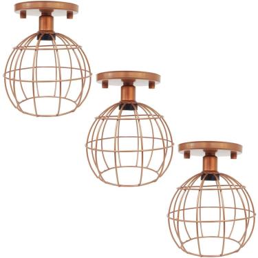 Imagem de 3 Lustres Teto Plafon Industrial Aramado Globo Retrô Luminária Vintage Cobre Rose Gold Agp Ilumini