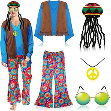 Imagem de 5 Pcs 60s 70s Men's Adult Hippie Costume Set Shirt with Faux Vest Boho Pant Sunglasses Necklace Rasta Hat with Dreadlocks (M)