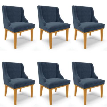 Imagem de Kit 6 Cadeiras Estofadas para Sala de Jantar Base Fixa de Madeira Castanho Lia Suede Azul Marinho -