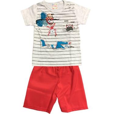 Imagem de Conjunto Infantil Brandili Camiseta e Bermuda - Em Meia Malha e Microfibra - Cinza e Vermelho