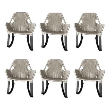 Imagem de Kit 6 Cadeiras de Balanço Athenas Corda Náutica Base em Alumínio Preto/areia