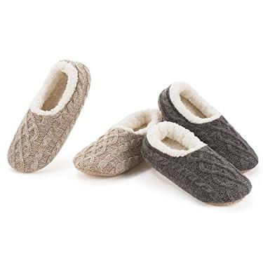 Imagem de cosyone1997 2 pares de pantufas grossas e quentes para mulheres para uso interno e forro de sherpa fofo, meias de inverno para casa de inverno, solas macias e antiderrapantes, aconchegantes, Pacote com 2 cabos de malha (cinza e bege), 9-10