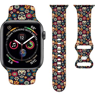 Imagem de Pulseiras de desenho animado de caveira de flor de Halloween compatíveis com Apple Watch pulseira de 38 mm, 40 mm, 41 mm, pulseiras de silicone compatíveis com Apple Watch Series SE 7 6 5 4 3 2 1 para mulheres e homens
