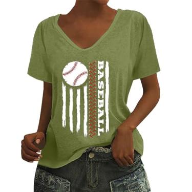 Imagem de Nagub Camiseta feminina de beisebol manga curta com estampa da bandeira americana gola V plus size camiseta casual verão 2024 moda, Verde 1, G