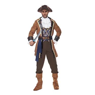 Imagem de AERO ARMOR Fantasia masculina de luxo de pirata para adultos, fantasia de Halloween, capitão do mar, bucaneiro, cosplay, festa, 6 peças, Marrom, G