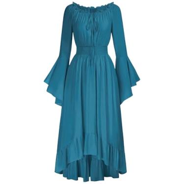 Imagem de Masbird Vestido vitoriano feminino Renascentista Faire fantasia feminina ombro de fora manga sino vestido alto baixo, Azul, G