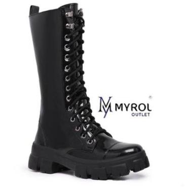 Imagem de Bota Tratorada Myrol Outlet Cano Alto Estilo de Blogueira Preto Verniz-Feminino