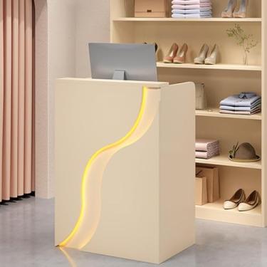 Imagem de Mesa de recepção moderna com balcão, mesa de recepção com luzes LED, balcão de recepção de varejo com gavetas, mesa de boas-vindas moderna para saguão, escritório, salão de beleza, creme, 60 cm