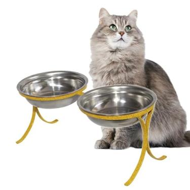 Imagem de Comedouro Alto Pet Inox para Gatos Duplo Ração Agua Amarelo