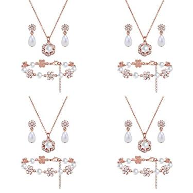 Imagem de Conjunto de joias de dama de honra para mulheres e meninas, pingente de flor banhado a ouro 18 K, prata e ouro rosa, com colar de pérolas, brincos, presente de dama de honra para casamento e pedido de casamento, festa e formatura, Zinco Vidro Pérola sintética, Pérola sintética