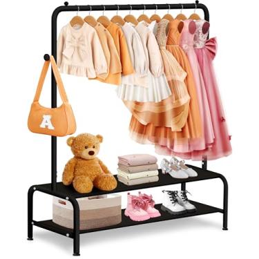 Imagem de mirolam Suporte para roupas infantis – Suporte pequeno para roupas – Suporte de guarda-roupa para fantasia infantil pequeno com 2 pisos de tecido, prateleira de armazenamento – Mini suporte curto para