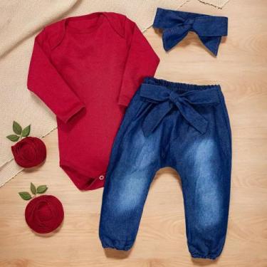 Imagem de Conjunto Para Bebê Body E Calça Jeans Com Faixinha Vermelho - Era Uma 