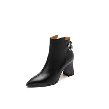 Imagem de TinaCus Bota feminina de cano curto feita à mão com corrente de metal de salto alto e couro legítimo com zíper, Preto, 40