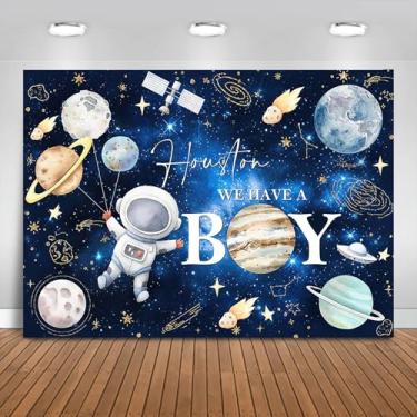 Imagem de Fitumiw Pano de fundo para chá de bebê espacial 2,4 x 1,8 m, espaço sideral, astronauta, chá de bebê, decorações de festa, galáxia, planetas Houston, We Have a Boy Banner Photo Booth Adereços
