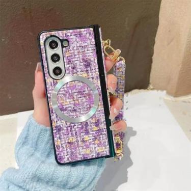 Imagem de Capa de telefone magnética de couro com alça de pulso para Samsung Galaxy Z Fold 6 5 4 3 5G, capa protetora com dobradiça de corda de mão, roxa, para Samsung Galaxy Z Fold6