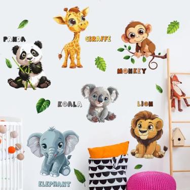 Imagem de Decalques de parede de animais da selva adesivos de parede macaco elefante girafa panda arte de parede inglesa removível grande animais de safári educacional papel de parede para decoração de quarto