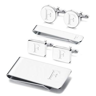 Imagem de JOERICA Conjunto de 6 abotoaduras gravadas com inicial gravada, prendedor para dinheiro, camisa, letra, carteira, clipe de gravata e conjunto de abotoaduras, Cobre, Zircônia cúbica