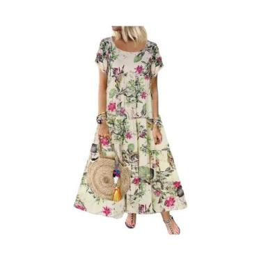 Imagem de Vestido Maxi Boho Floral - Manga Curta, Algodão e Linho, Tamanho Grand