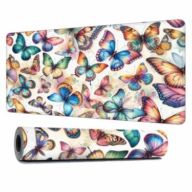 Imagem de Y YIHANGBEST Tapete de mesa de borboleta colorida grande tapete de mouse pad azul rosa roxo totalmente estendido teclado de computador para jogos mousepad para casa, escritório 35,4 x 15,17 cm