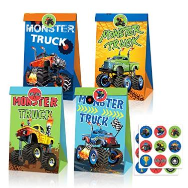 Imagem de 12 peças, saco de festa com tema de caminhão, saco de presente Kraft com tema de caminhão monstro - Sacos de papel ecológicos duráveis, sacolas reutilizáveis de brindes para festa de aniversário