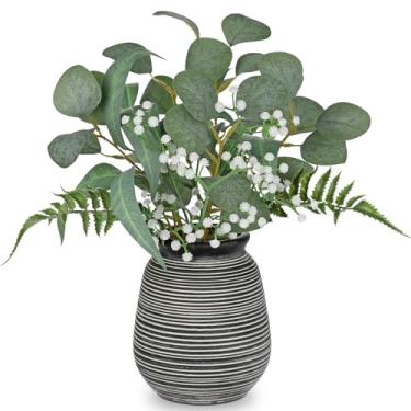 Imagem de Briful Arranjo floral de eucalipto artificial em vaso de cerâmica preto e branco – Planta sintética de 37 cm com hálito de bebê, samambaia, folhas de salgueiro – Vegetação decorativa em vaso para mesa