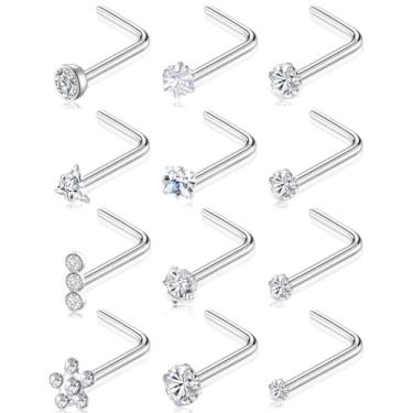 Imagem de Tornito 12 peças de piercing de nariz de aço inoxidável 20G parafuso L osso shpaed narina piercing triângulo flor quadrado coração pentagrama redondo CZ piercing de nariz joia para mulheres homens tom