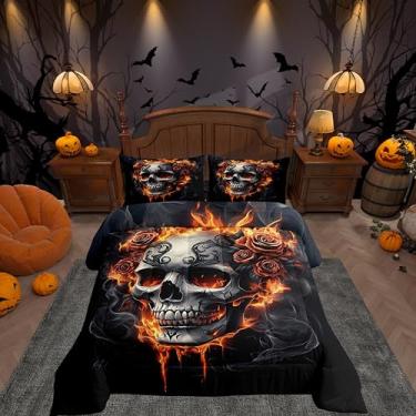 Imagem de Manfei Jogo de cama solteiro de caveira de açúcar, estampa de rosas de chamas góticas, fumê, estilo casa de fazenda ocidental, acolchoado para crianças, adolescentes, meninas, enchimento de edredom de