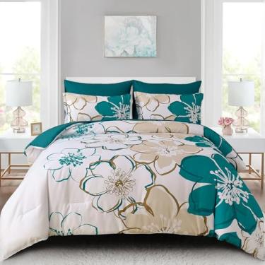 Imagem de Anibedding Conjunto de edredom Queen com estampa floral cinza petróleo, 7 peças, microfibra macia, cinza, azul e lençol com lençol para todas as estações