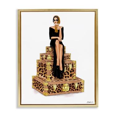 Imagem de Stupell Industries Design elegante de arte de parede em tela flutuante dourada Gal and Suitcases por Ziwei Li, 21 x 17