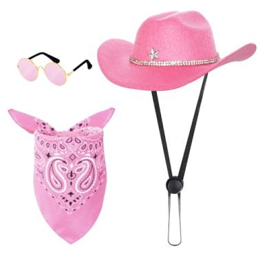Imagem de Haakong 3 peças de fantasia de cowboy para animais de estimação chapéu de cowboy bandanas com óculos de sol para gatos e cães para festa de Halloween, Natal, feriado, cosplay (rosa)