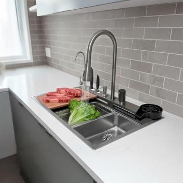 Imagem de Pia Cuba Gourmet Para Cozinha de Embutir Aço Inox 304 Com Torneira Ducha Retrátil Ralo Escorredor Tábua Lava Copos Completa (Escovado)